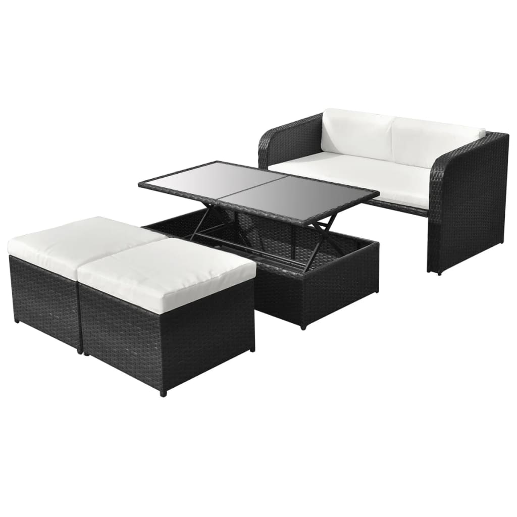 4-piece garden furniture set with cushions, black, polyrattan