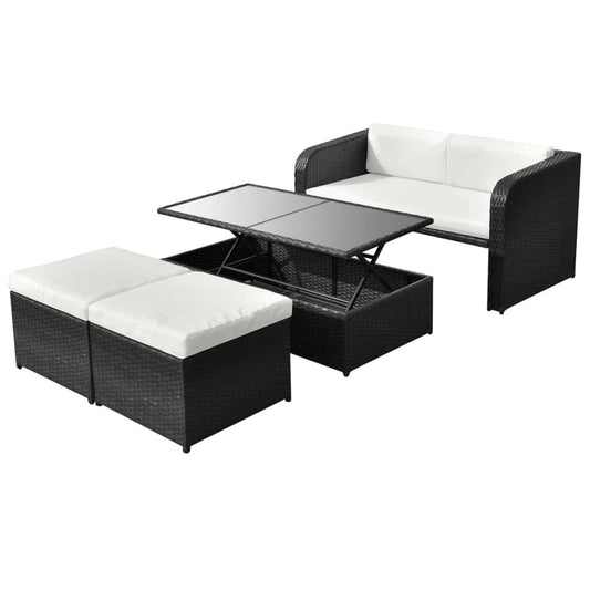 Set mobilier de grădină cu perne, 4 piese, negru, poliratan