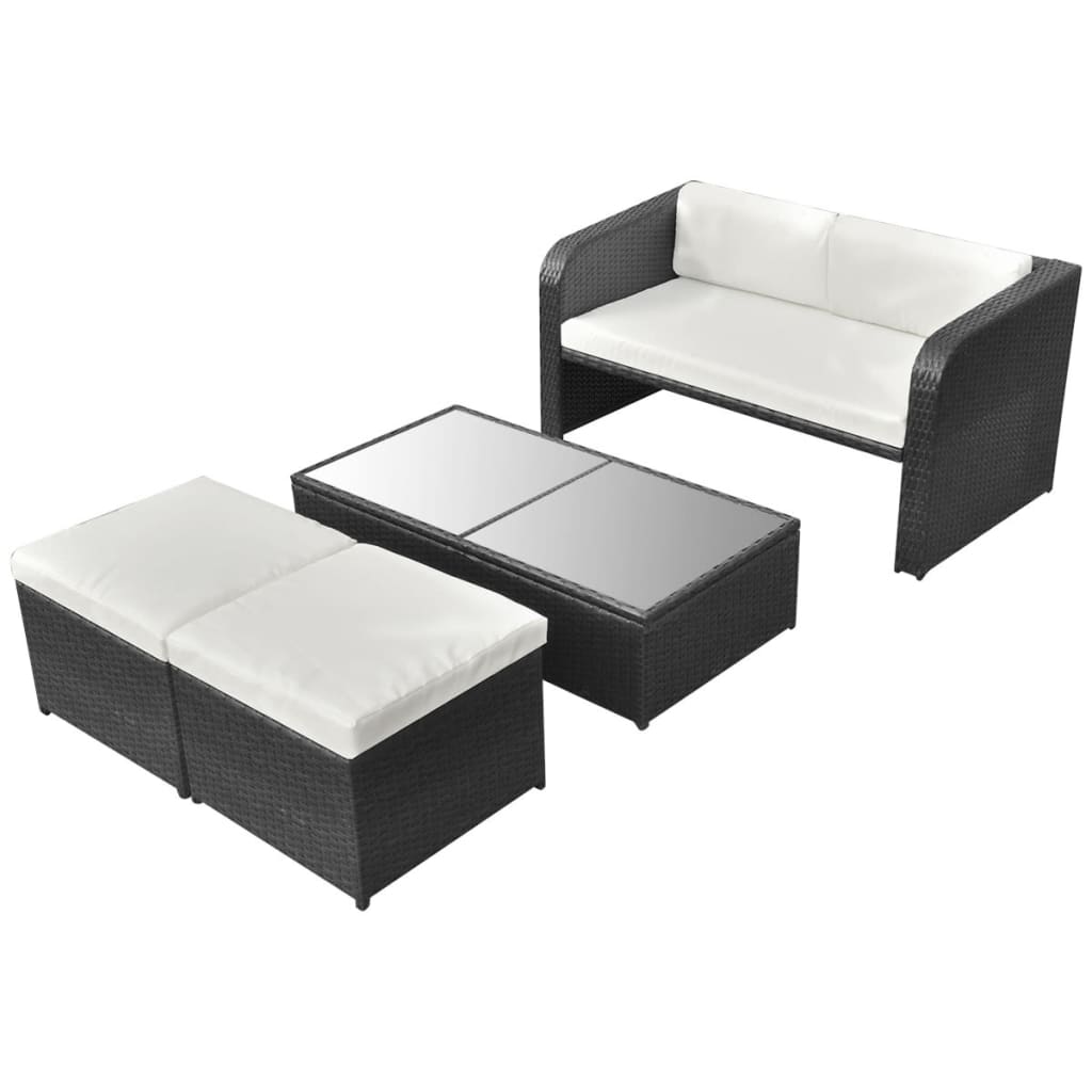 Set mobilier de grădină cu perne, 4 piese, negru, poliratan