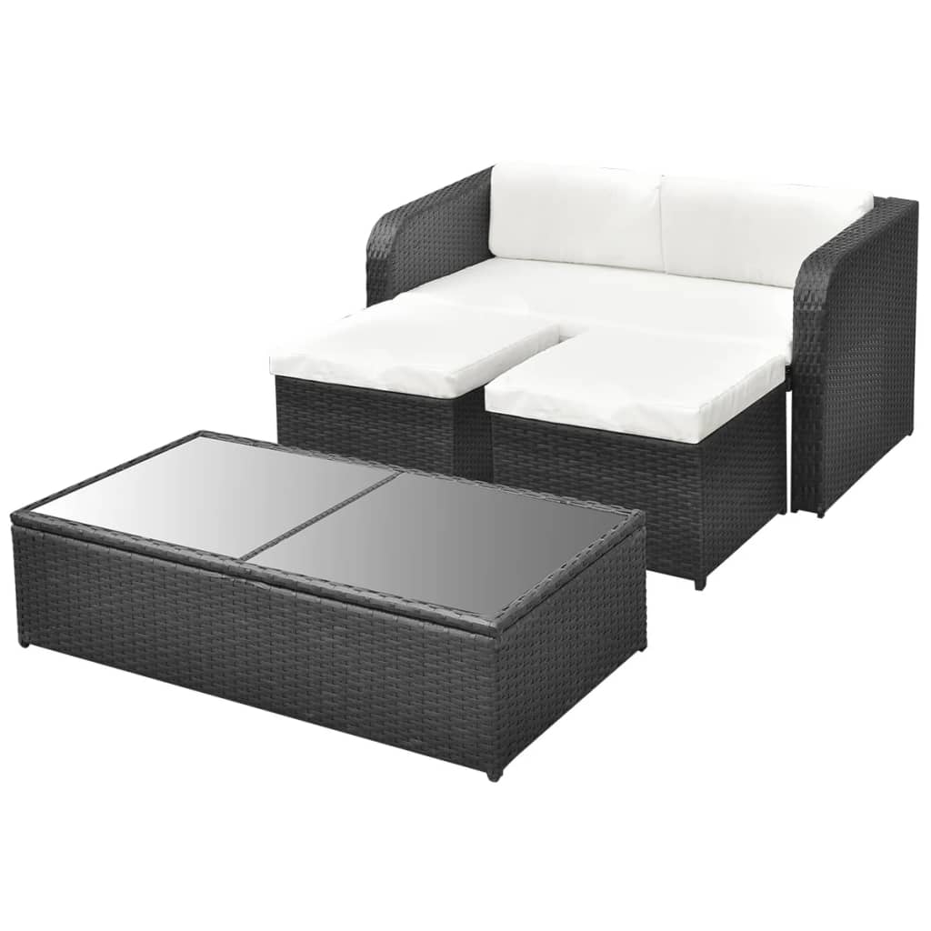 Set mobilier de grădină cu perne, 4 piese, negru, poliratan