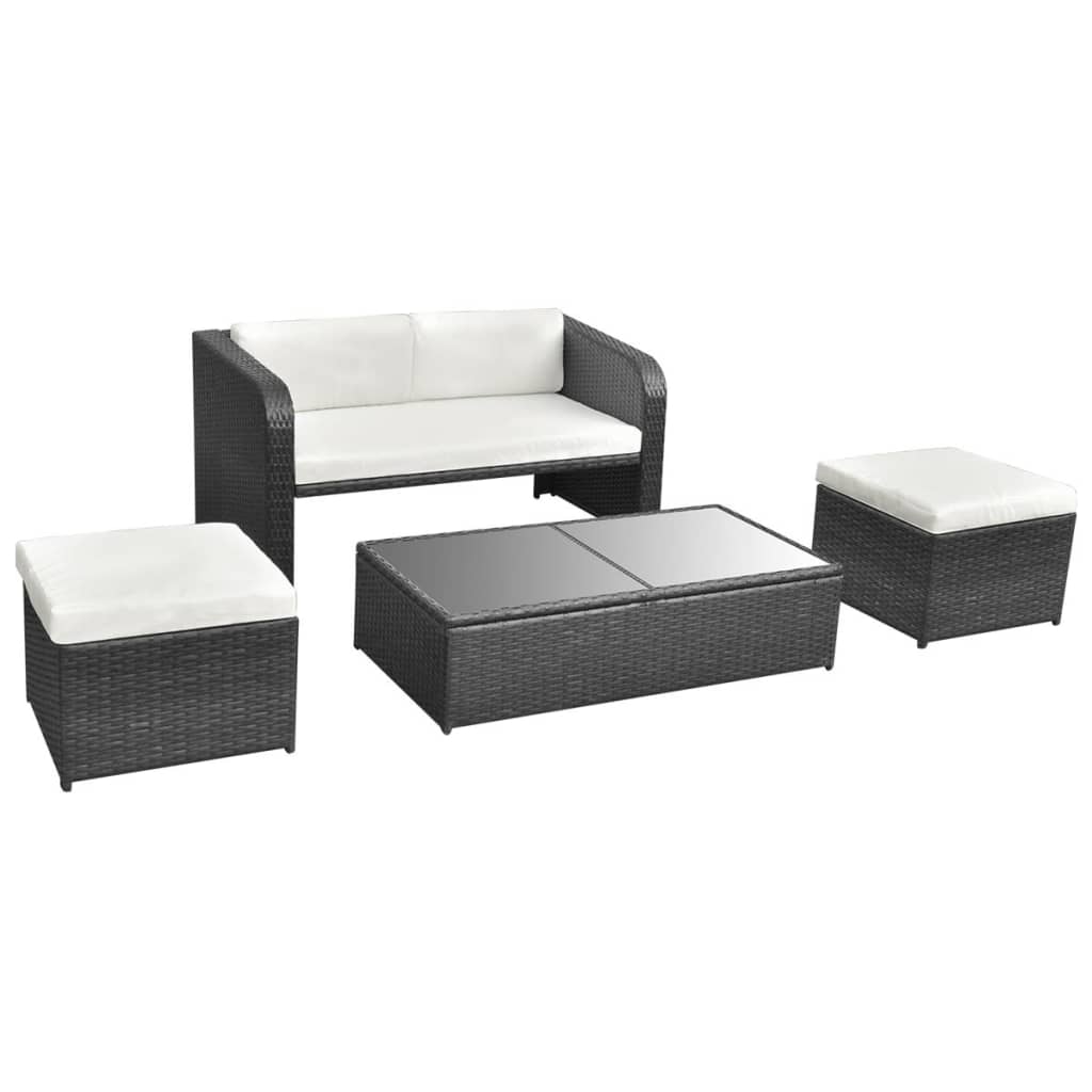 Set mobilier de grădină cu perne, 4 piese, negru, poliratan