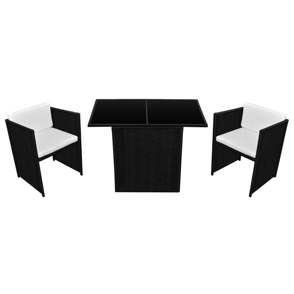 Bistro set with cushions, 3 pieces, black, polyrattan