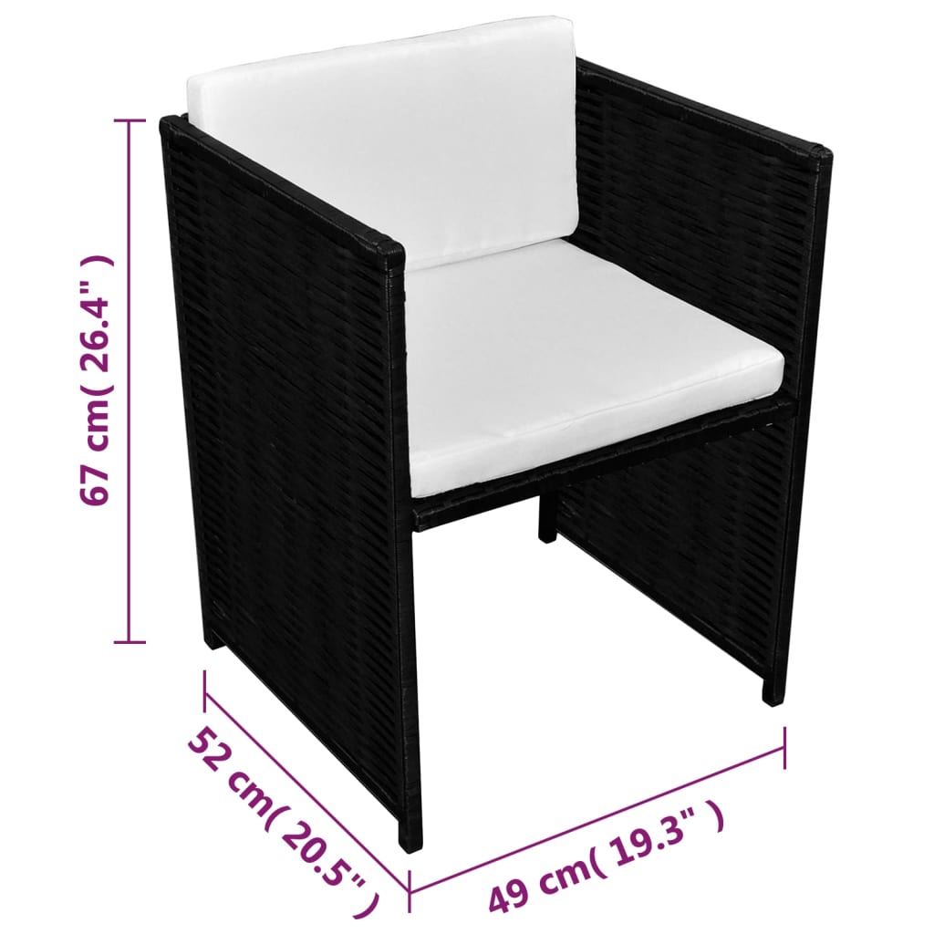 Bistro set with cushions, 3 pieces, black, polyrattan