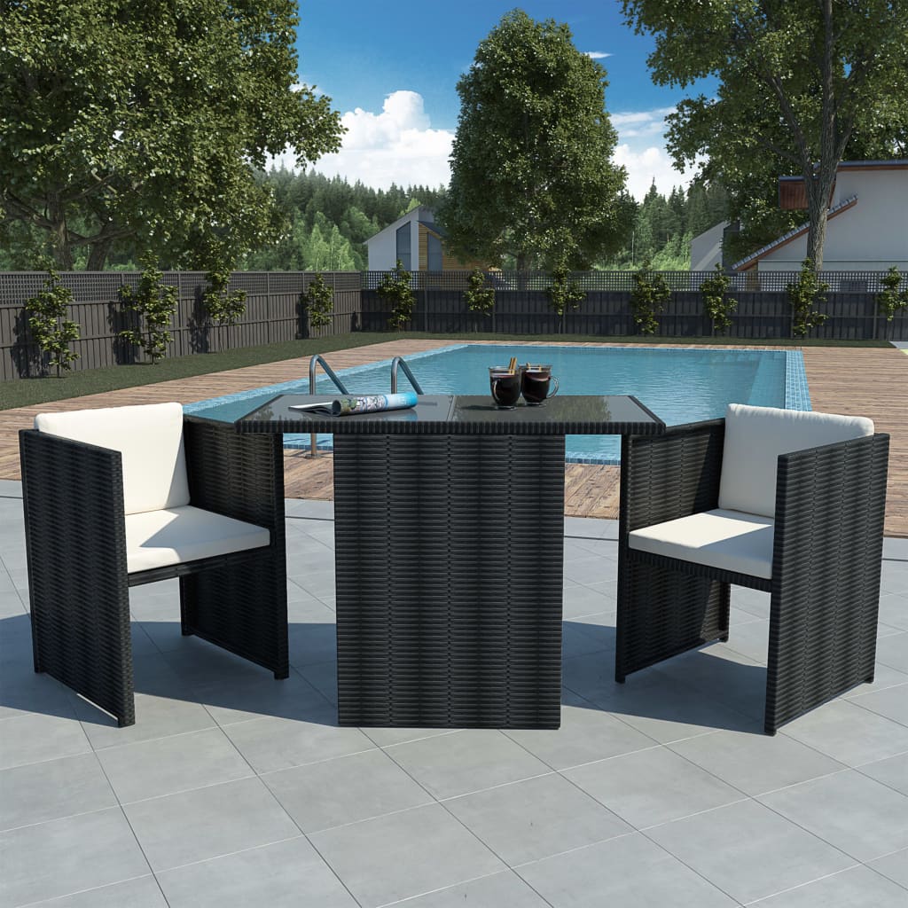 Bistro set with cushions, 3 pieces, black, polyrattan