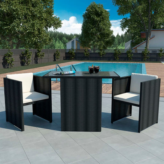 Bistro set with cushions, 3 pieces, black, polyrattan