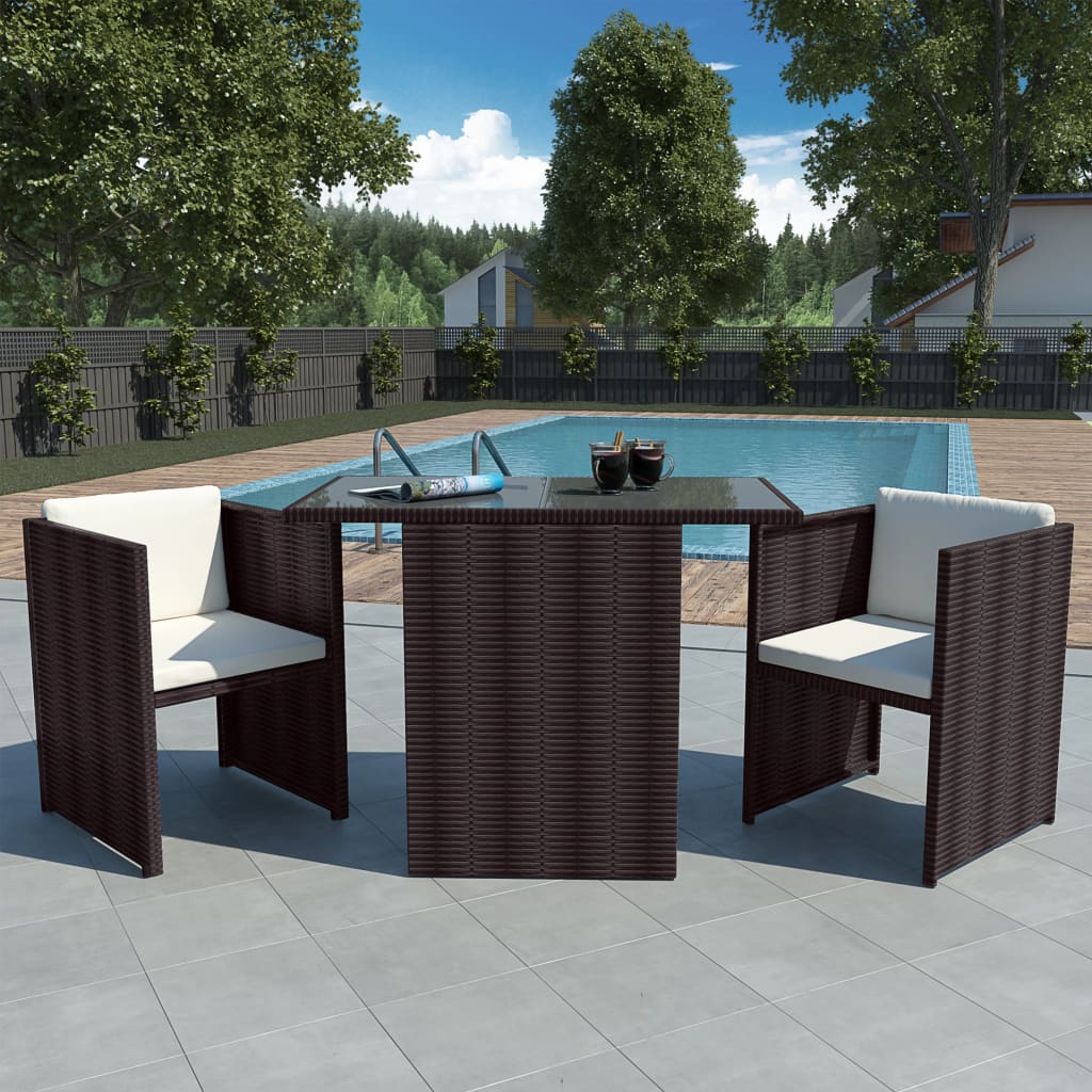 Bistro set with cushions, 3 pieces, brown, polyrattan