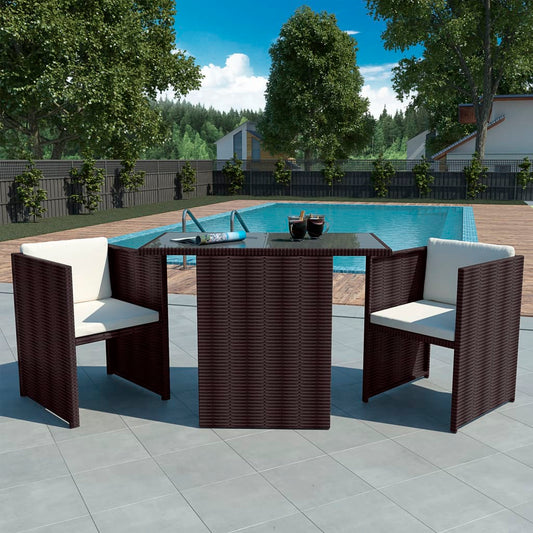 Bistro set with cushions, 3 pieces, brown, polyrattan