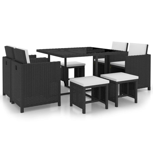 Outdoor furniture set with cushions, 9 pieces, black, polyrattan