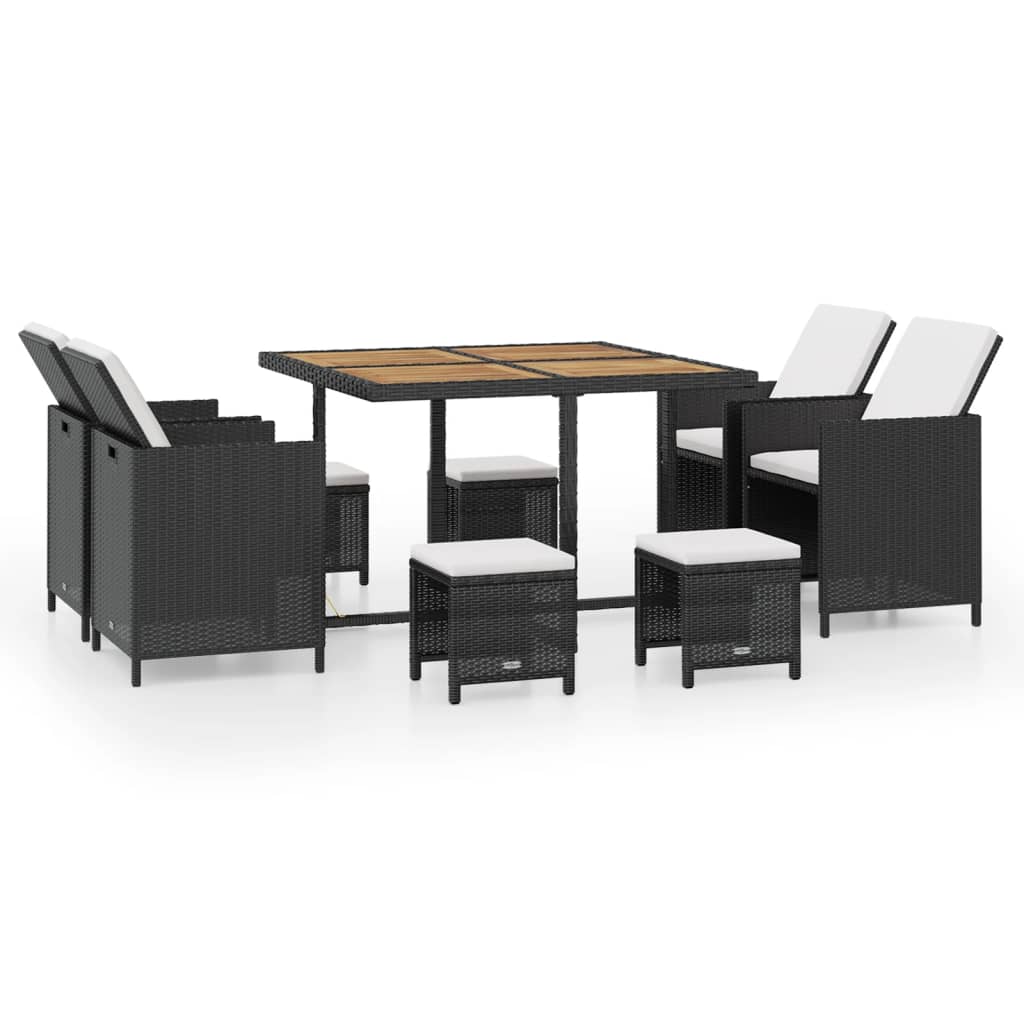 Set mobilier de exterior, 9 piese negru, poliratan, lemn acacia