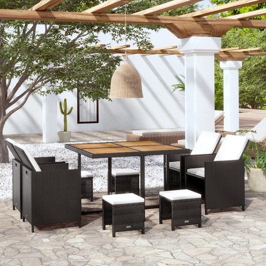 Outdoor furniture set, 9 pieces, black, polyrattan, acacia wood