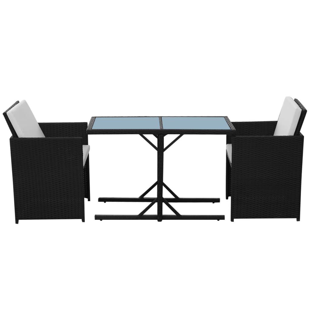 Bistro set with cushions, 3 pieces, black, polyrattan