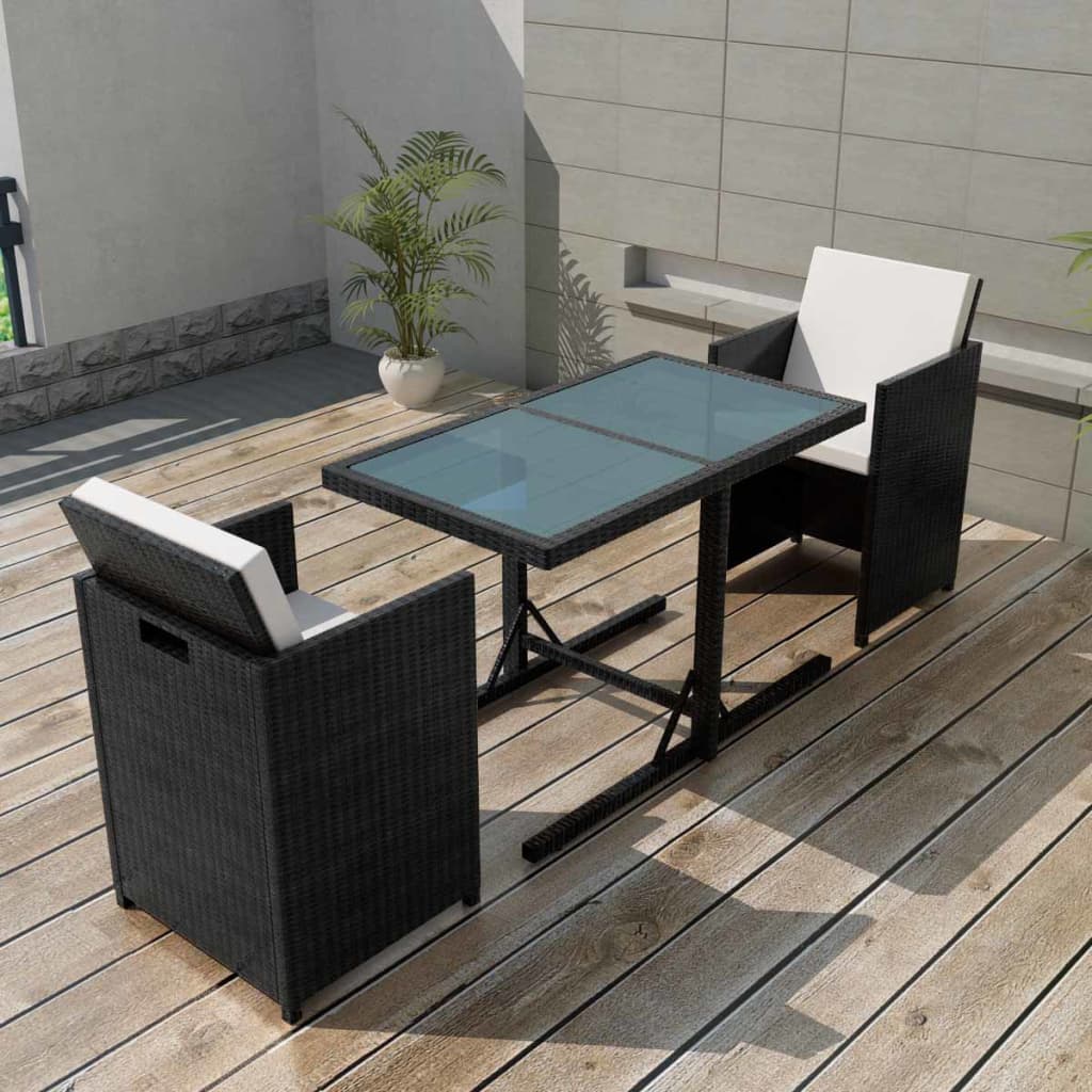 Bistro set with cushions, 3 pieces, black, polyrattan