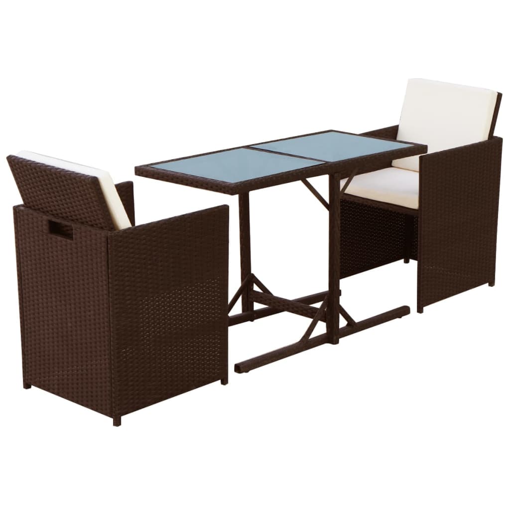 Bistro set with cushions, 3 pieces, brown, polyrattan