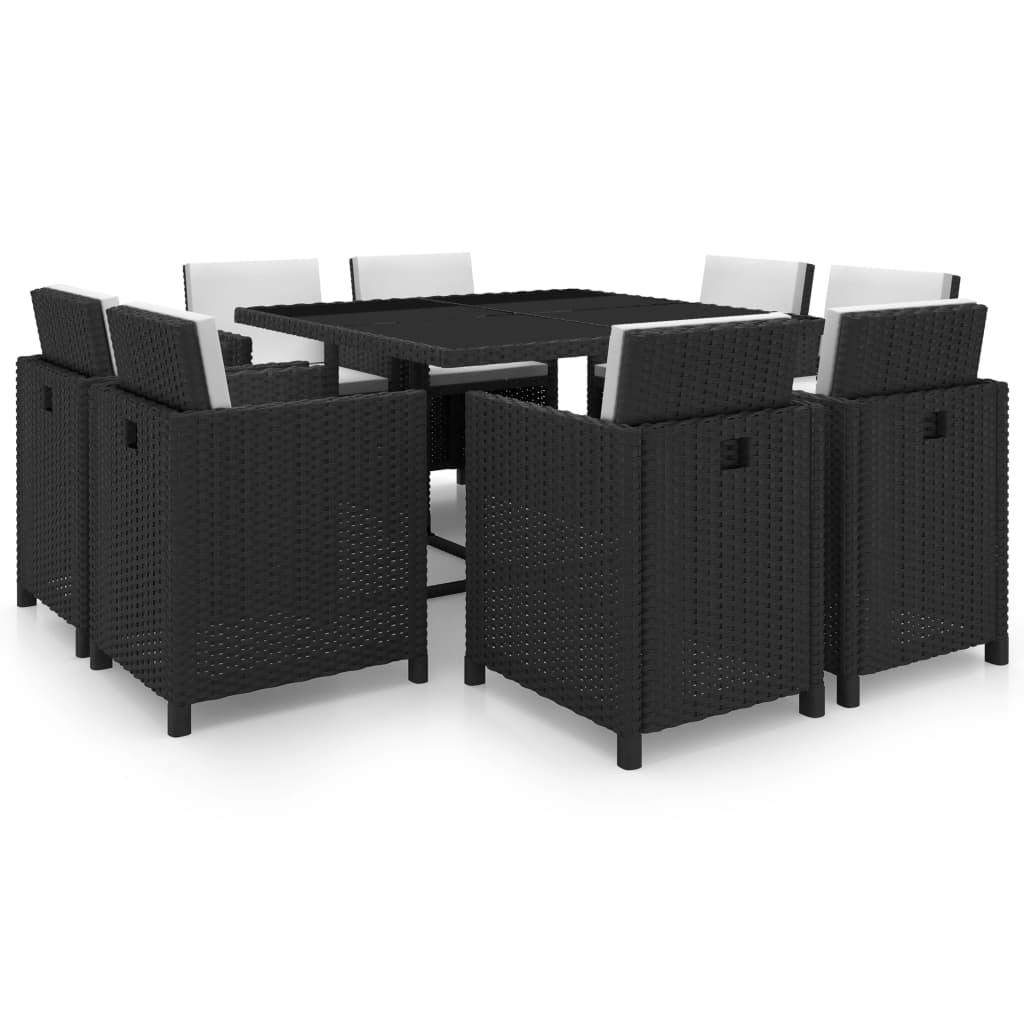 Set mobilier de exterior cu perne, 9 piese, negru, poliratan