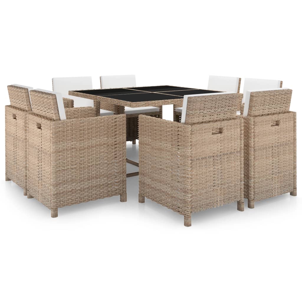 Outdoor furniture set with cushions, 9 pieces, beige, polyrattan