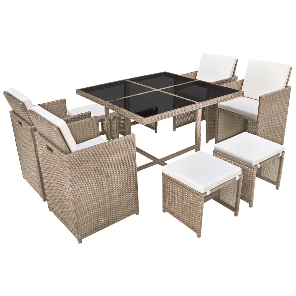 Outdoor furniture set with cushions, 9 pieces, beige, polyrattan