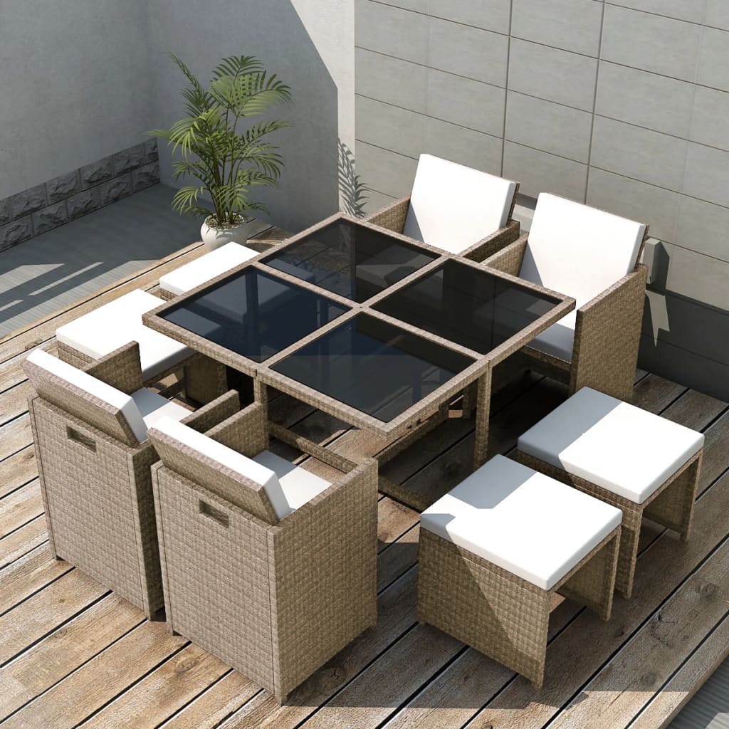 Outdoor furniture set with cushions, 9 pieces, beige, polyrattan