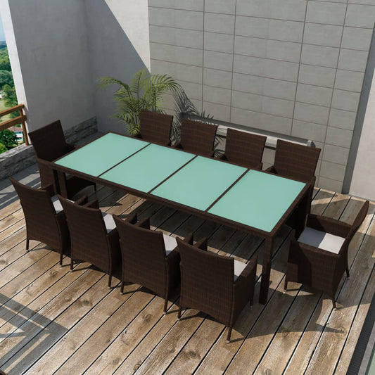 Outdoor furniture set with cushions, 11 pieces, brown, polyrattan