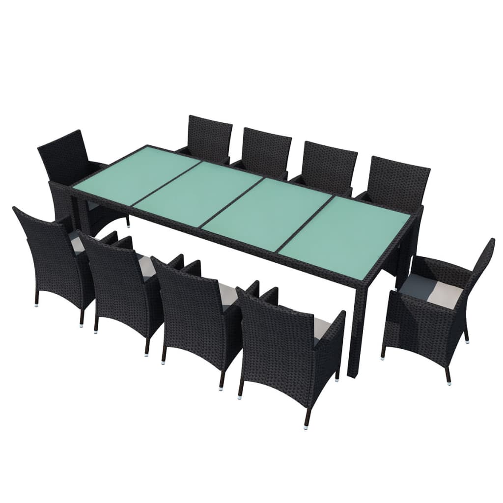 Outdoor furniture set with cushions, 11 pieces, black, polyrattan