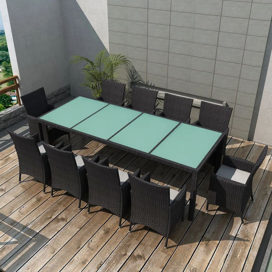 Set mobilier de exterior cu perne, 11 piese, negru, poliratan