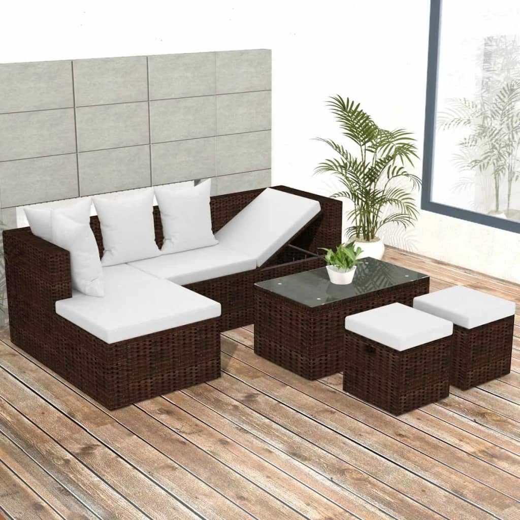 Garden furniture set with cushions, 4 pieces, brown, polyrattan