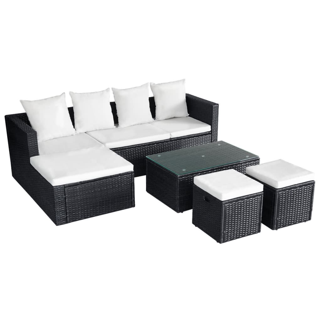 Set mobilier de grădină cu perne, 4 piese, negru, poliratan