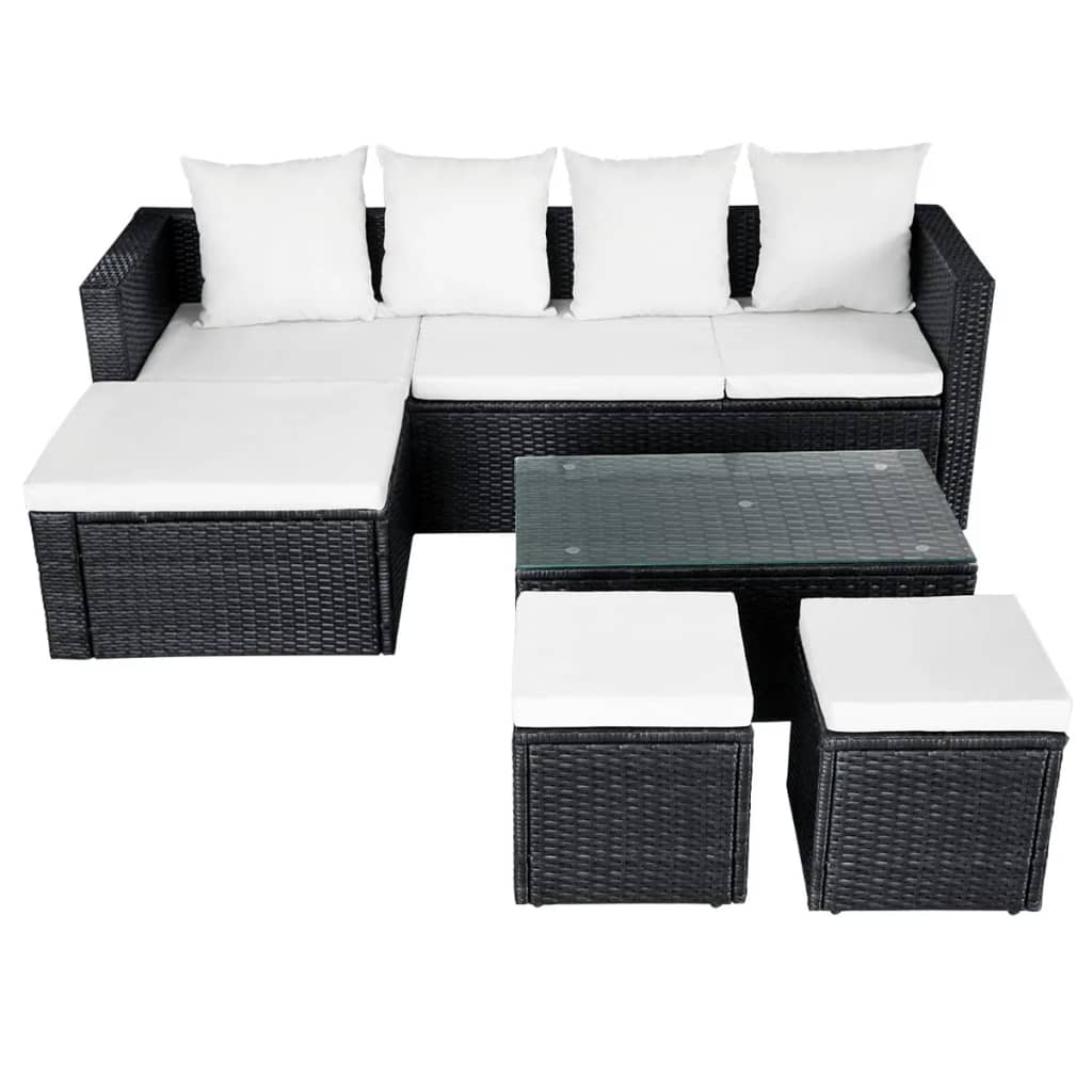 Set mobilier de grădină cu perne, 4 piese, negru, poliratan