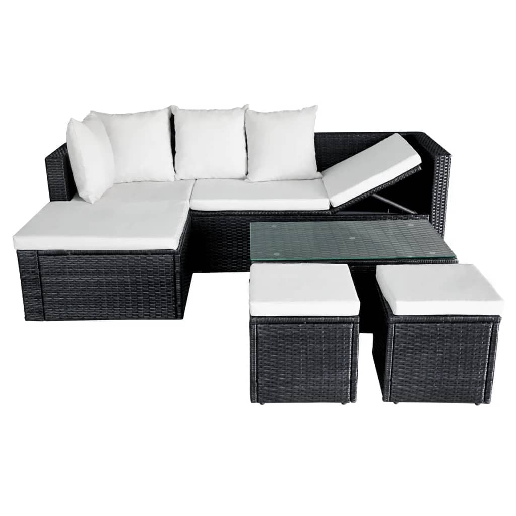 Set mobilier de grădină cu perne, 4 piese, negru, poliratan