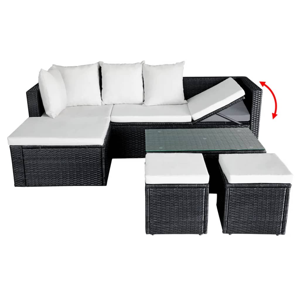 4-piece garden furniture set with cushions, black, polyrattan