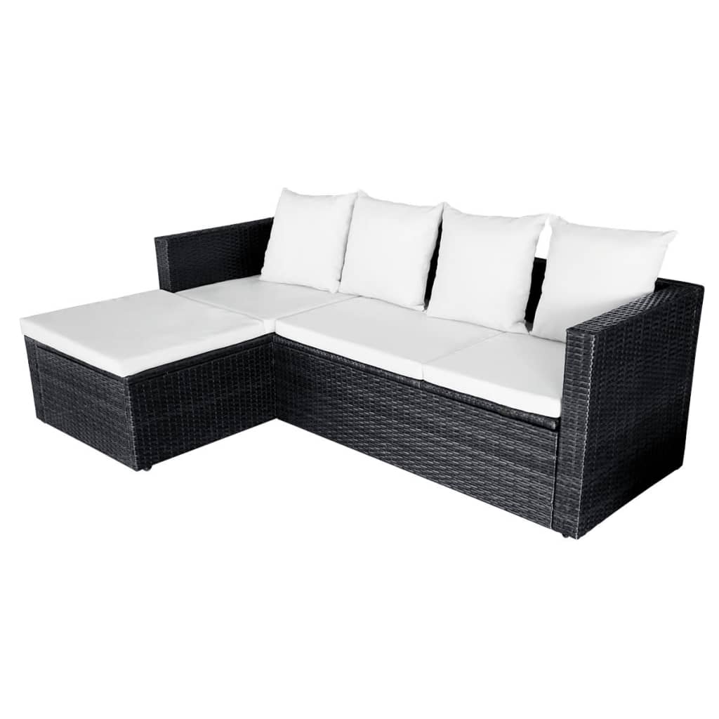 Set mobilier de grădină cu perne, 4 piese, negru, poliratan