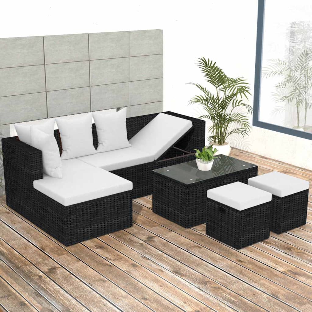 Set mobilier de grădină cu perne, 4 piese, negru, poliratan