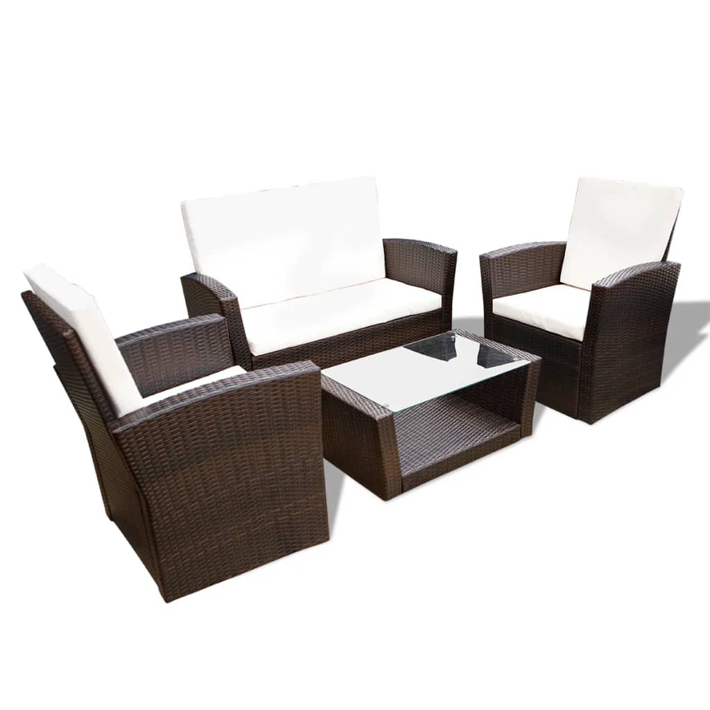 Garden furniture set with cushions, 4 pieces, brown, polyrattan