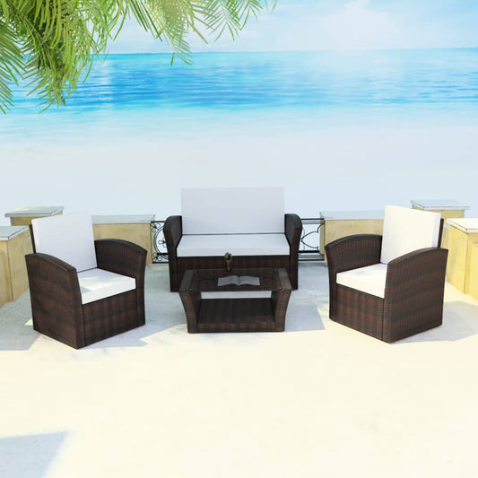 Garden furniture set with cushions, 4 pieces, brown, polyrattan