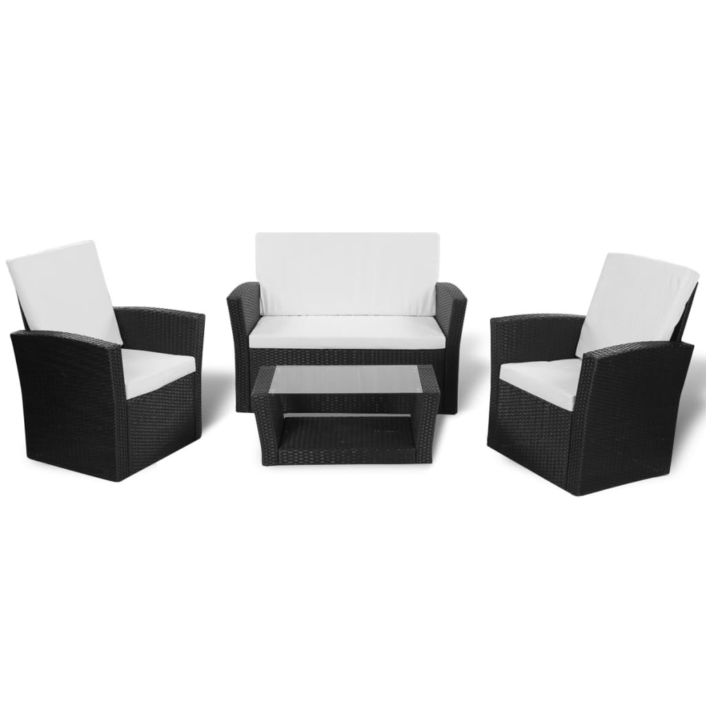 Set mobilier de grădină cu perne, 4 piese, negru, poliratan