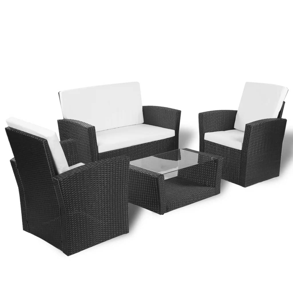 Set mobilier de grădină cu perne, 4 piese, negru, poliratan