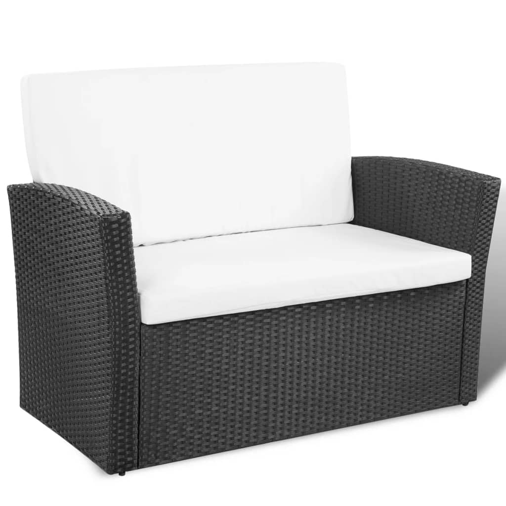 Set mobilier de grădină cu perne, 4 piese, negru, poliratan