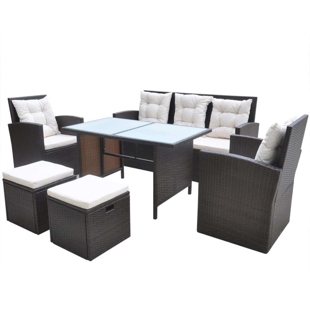 Outdoor furniture set with cushions, 6 pieces, brown, polyrattan