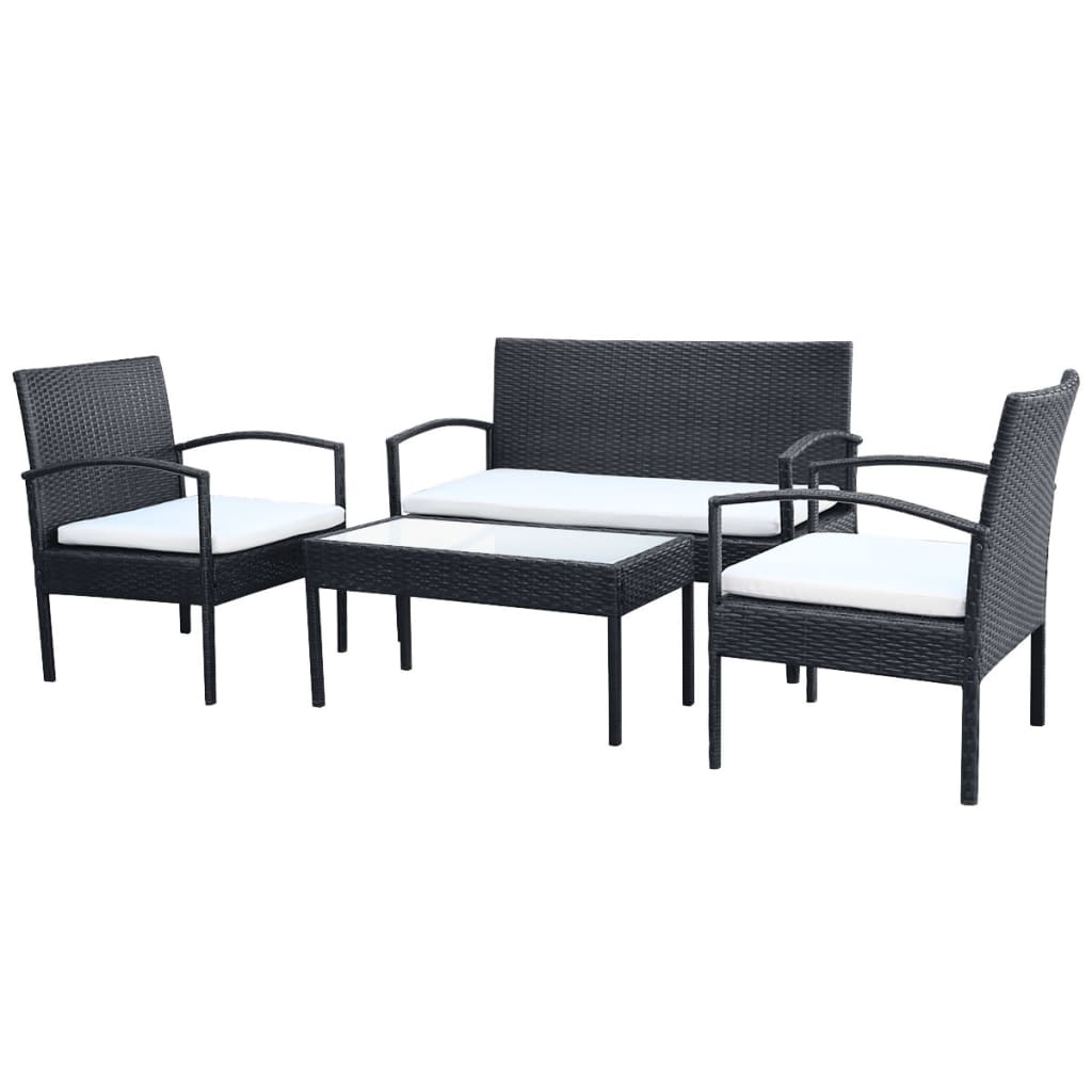 Set mobilier de grădină cu perne, 4 piese, negru, poliratan