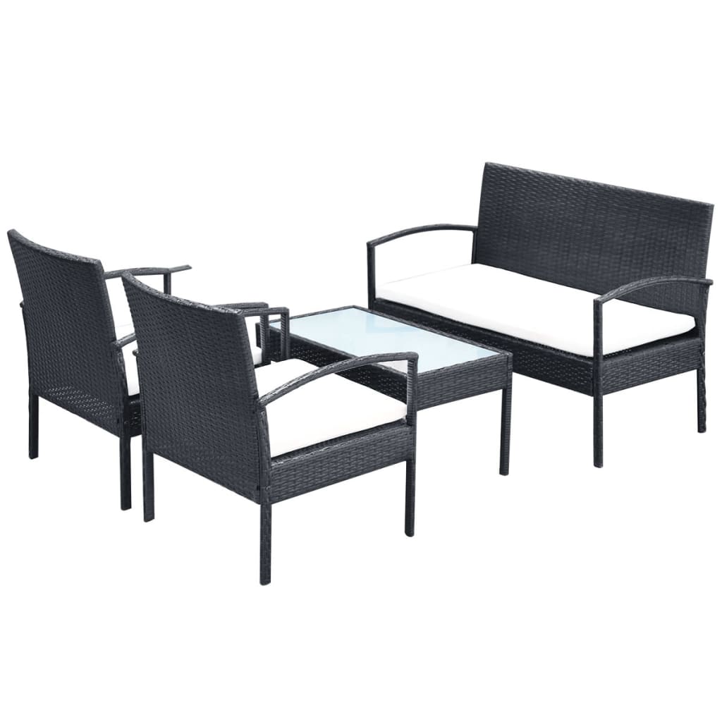 Set mobilier de grădină cu perne, 4 piese, negru, poliratan