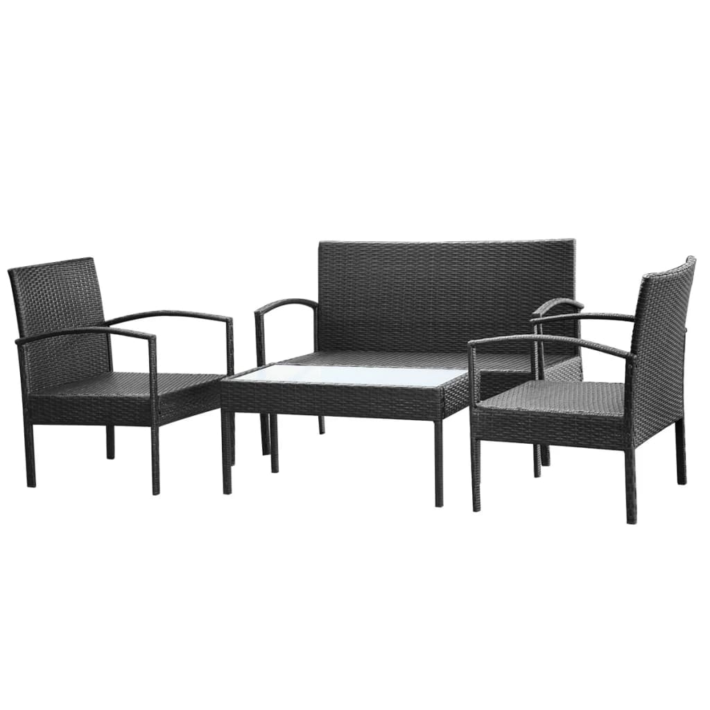 Set mobilier de grădină cu perne, 4 piese, negru, poliratan