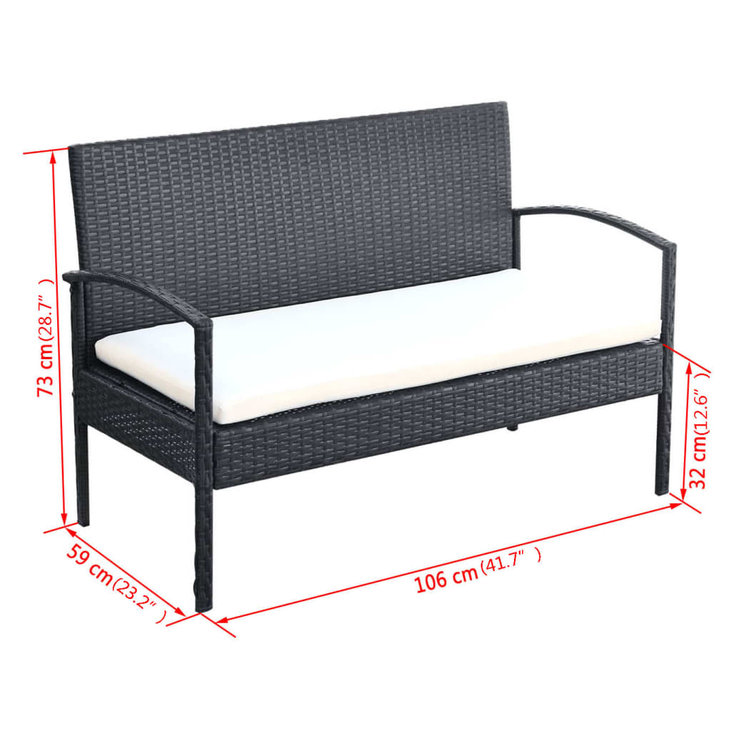 Set mobilier de grădină cu perne, 4 piese, negru, poliratan