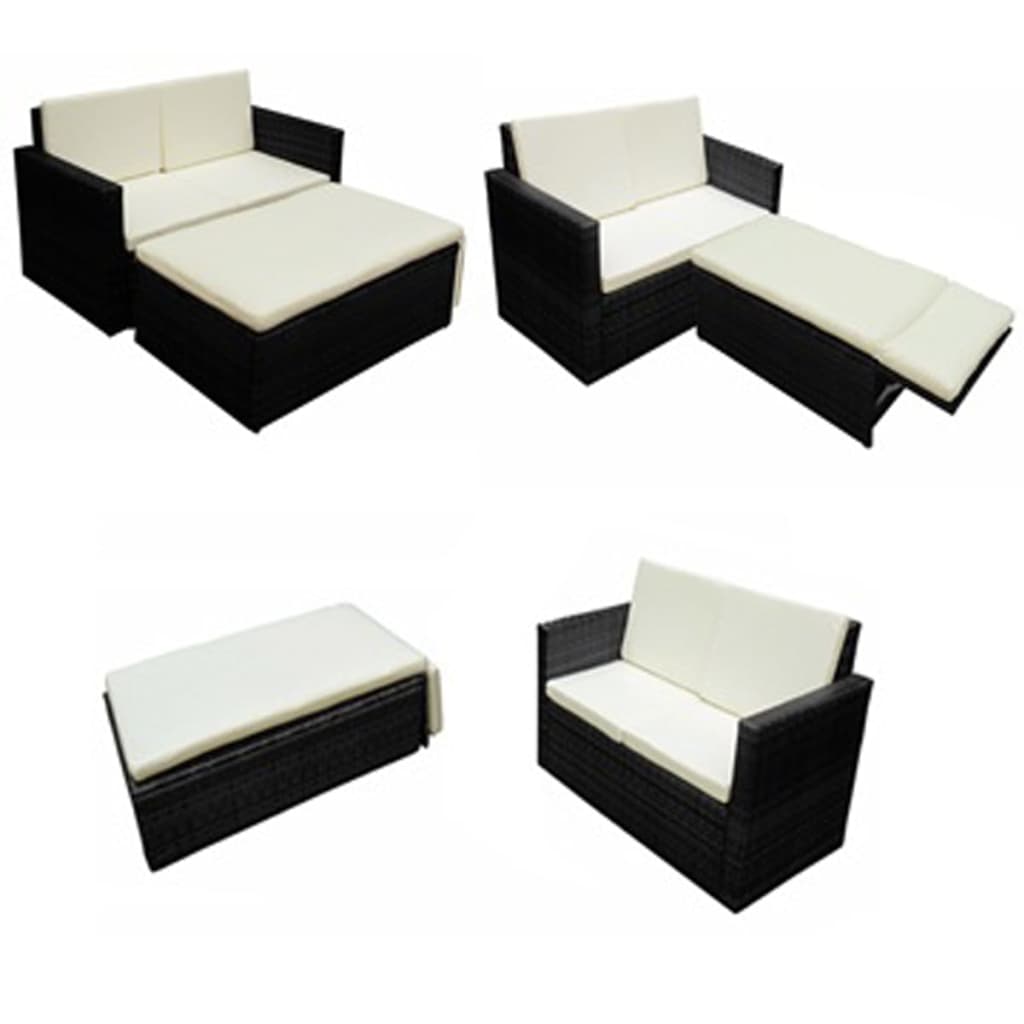 Garden furniture set with cushions, 2 pieces, black, polyrattan