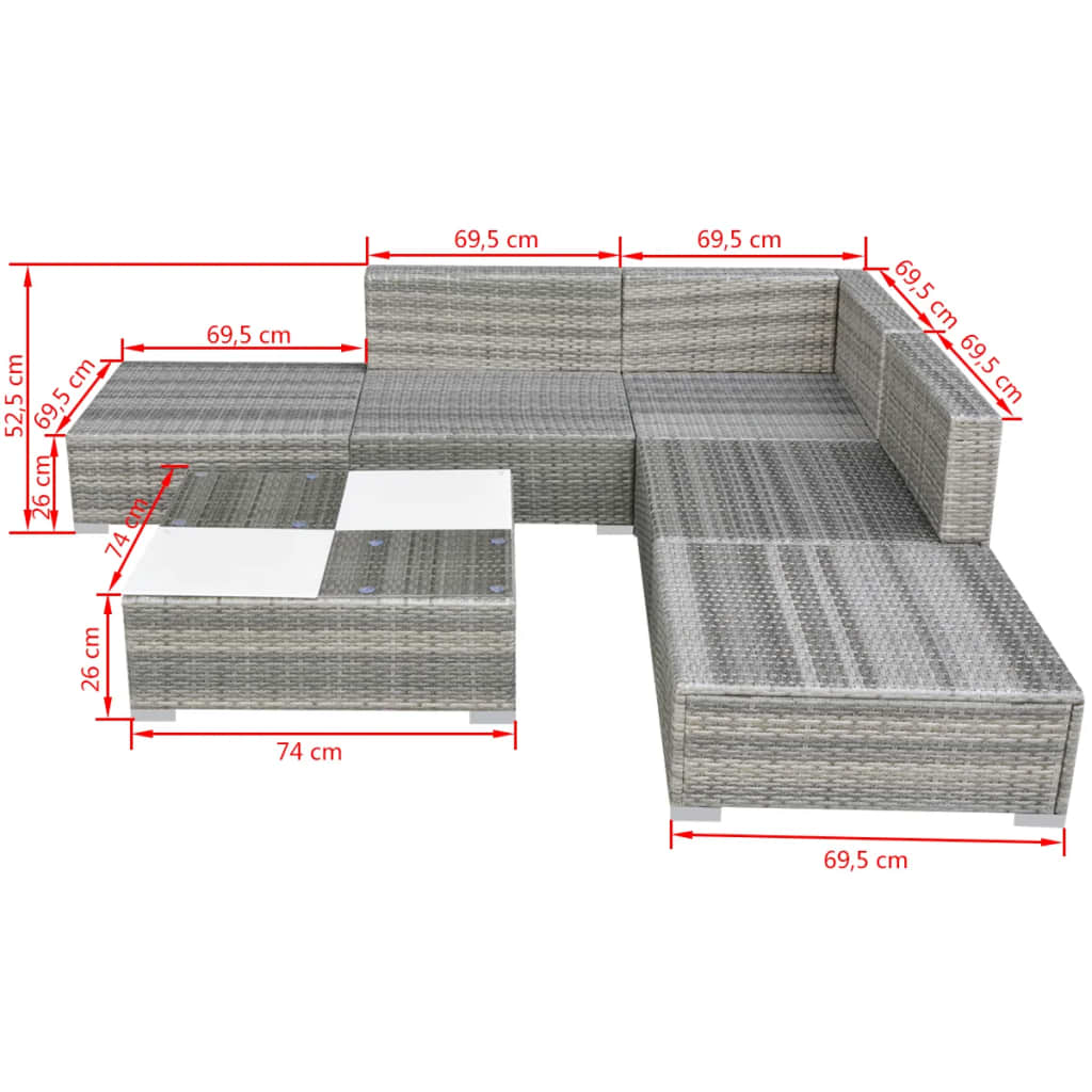 Set mobilier de grădină cu perne, 6 piese, gri, poliratan