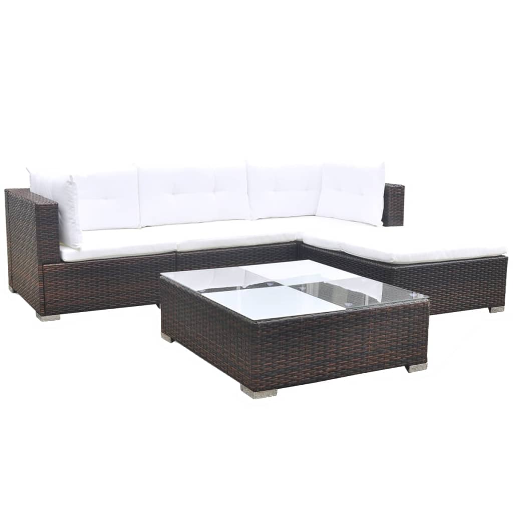 Garden furniture set with cushions, 5 pieces, brown, polyrattan