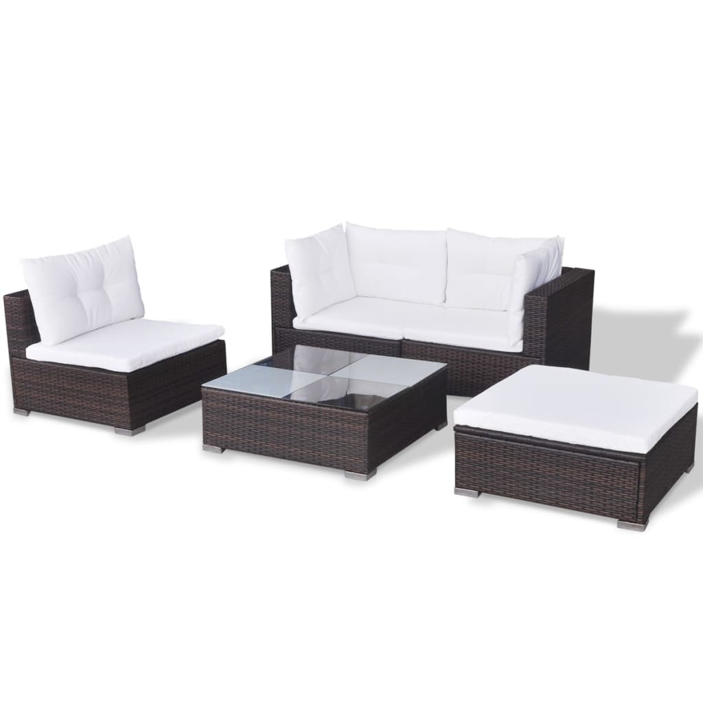 Garden furniture set with cushions, 5 pieces, brown, polyrattan