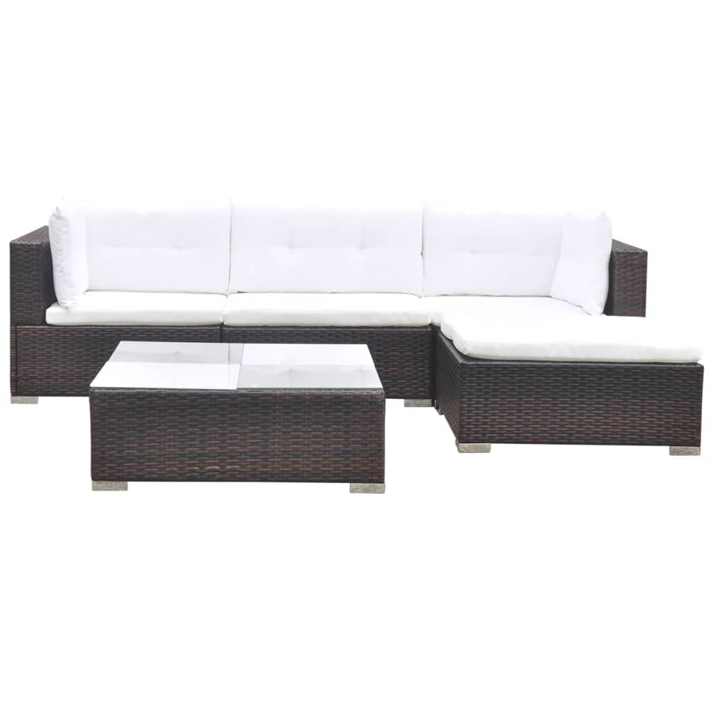 Garden furniture set with cushions, 5 pieces, brown, polyrattan