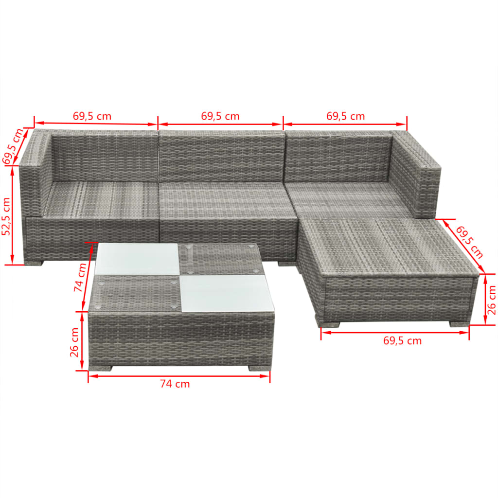 5-piece garden furniture set with cushions, grey, polyrattan