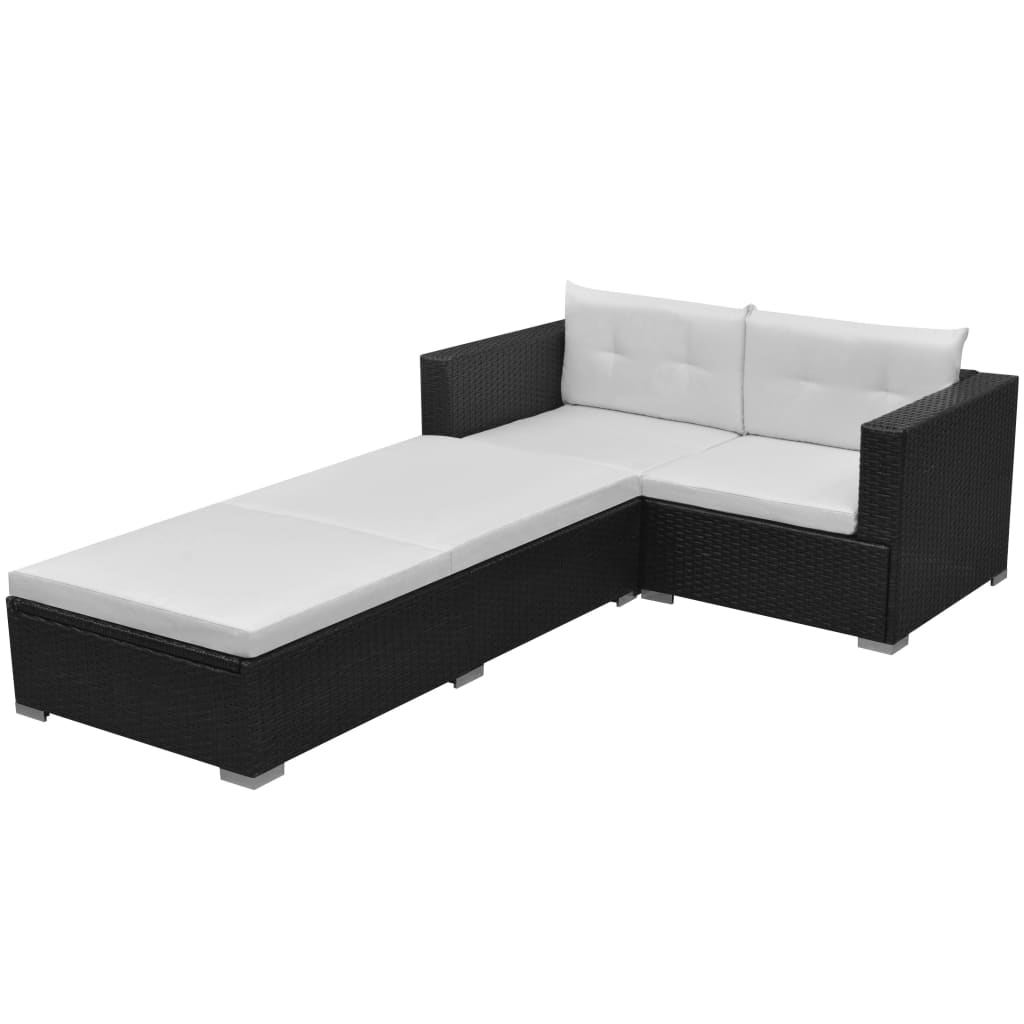 Set mobilier de grădină cu perne, 3 piese, negru, poliratan