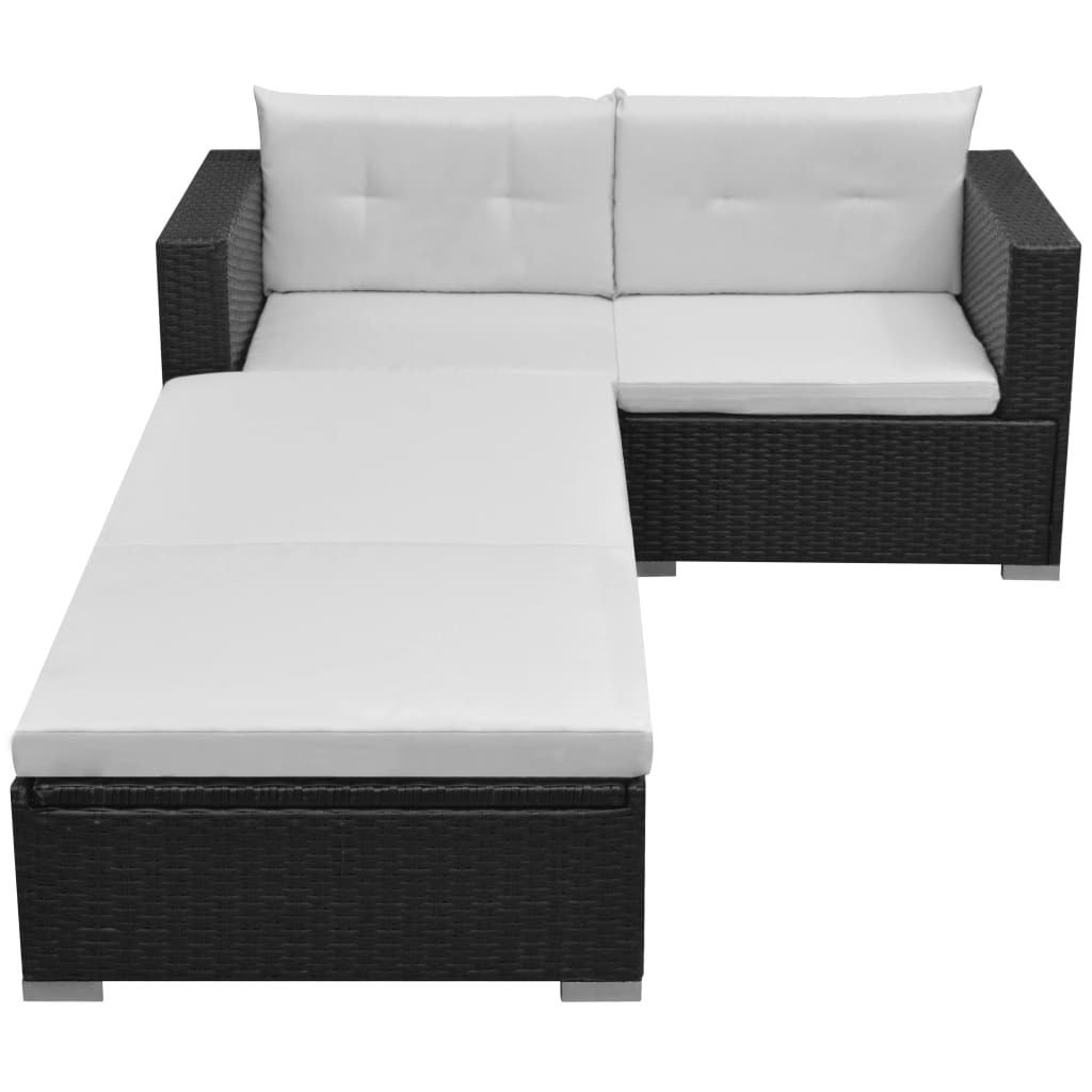 Set mobilier de grădină cu perne, 3 piese, negru, poliratan