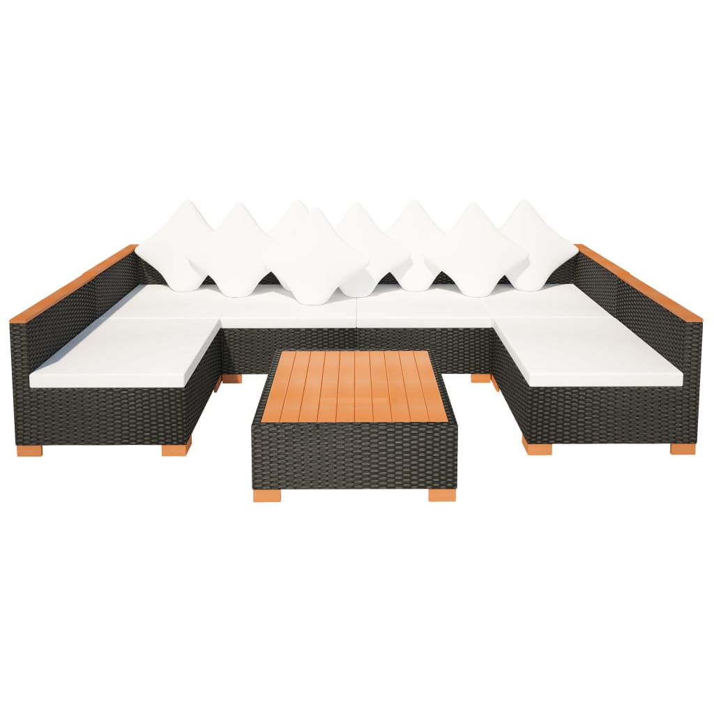 Garden furniture set with cushions, 7 pieces, black, polyrattan